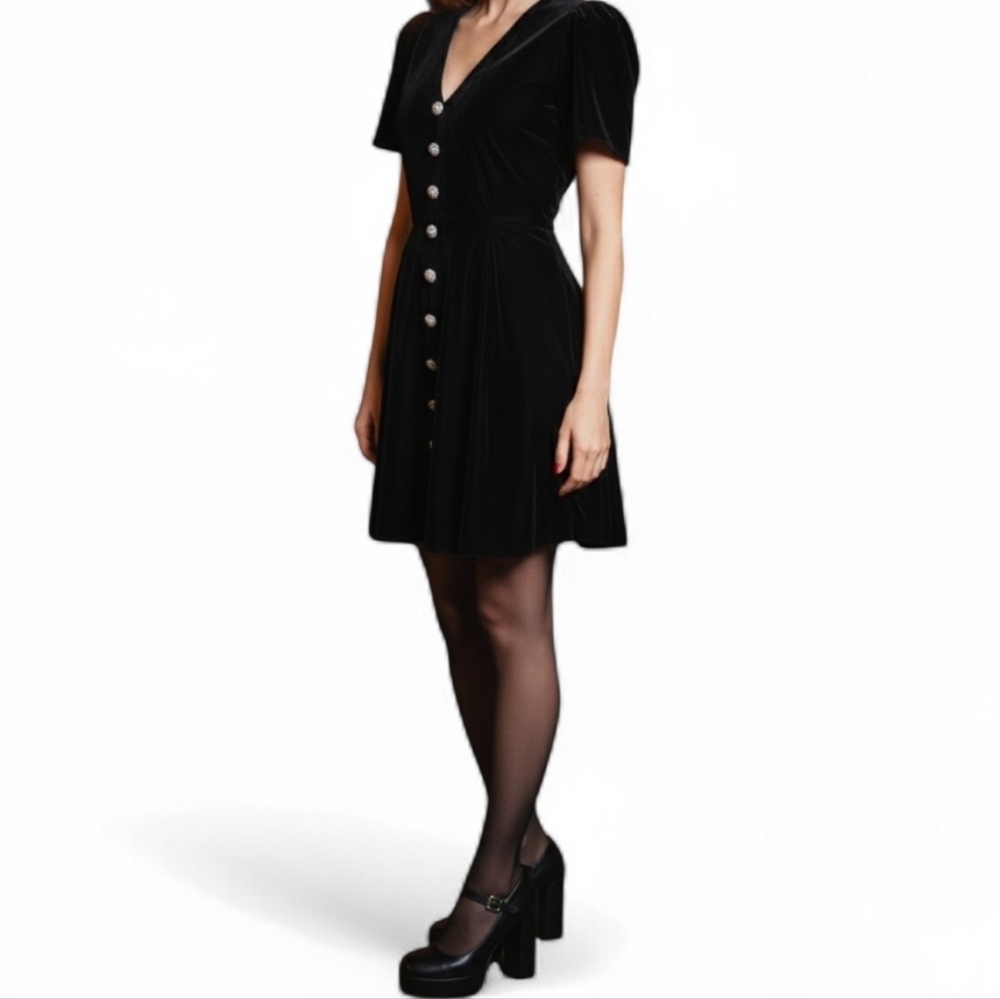 ZARA Black Velvet Mini Dress Rhinestone Jewel Button Front V-Neck Medium